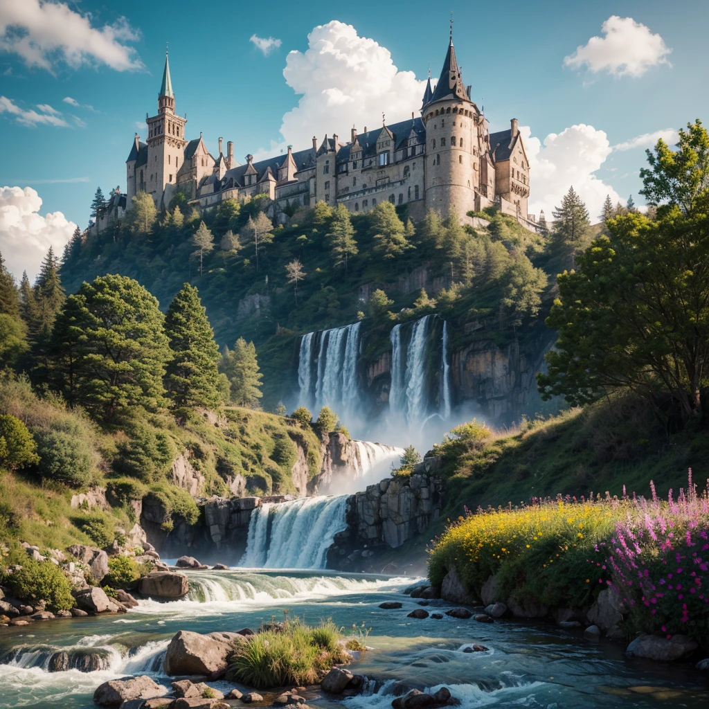 masterpiece, best quality, high quality, Extremely detailed CG unit 8k wallpaper, landscape, outdoor, sky空, cloud, sky, Great medieval castle, No humans, Mountain, landscape, water, Tree, blue sky空, waterfall, cliff, nature, lake, river, village, 秋sky, cloudy sky空, multicolored flowers, Award-winning photography, Bokeh, Depth of Field, HDR, bloom, Chromatic Aberration, Reality, Extremely detailed, Trending on ArtStation, Trending on CGsociety, complicated, High Detail, dramatic, midjourney&#39;s Artwork