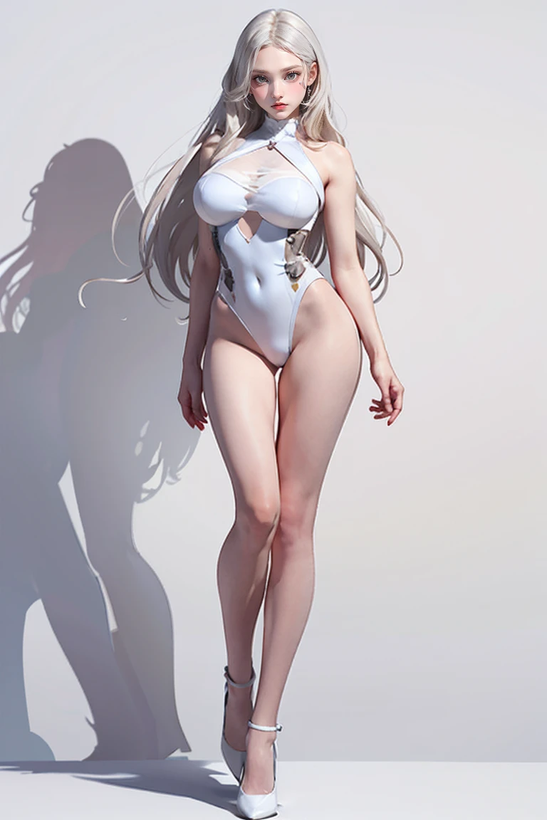 Master of animation, A perfect masterpiece, On a pure white background、Dressed in cool, sexy and modern clothes、Sexy mature modern woman standing, Flowing silver hair, Full Body Stand Posture, Thin legs, ((Large Breasts)), Detailed facial details, Natural and beautiful standing posture, Crisp and realistic body detail,(NSFW:0.9)