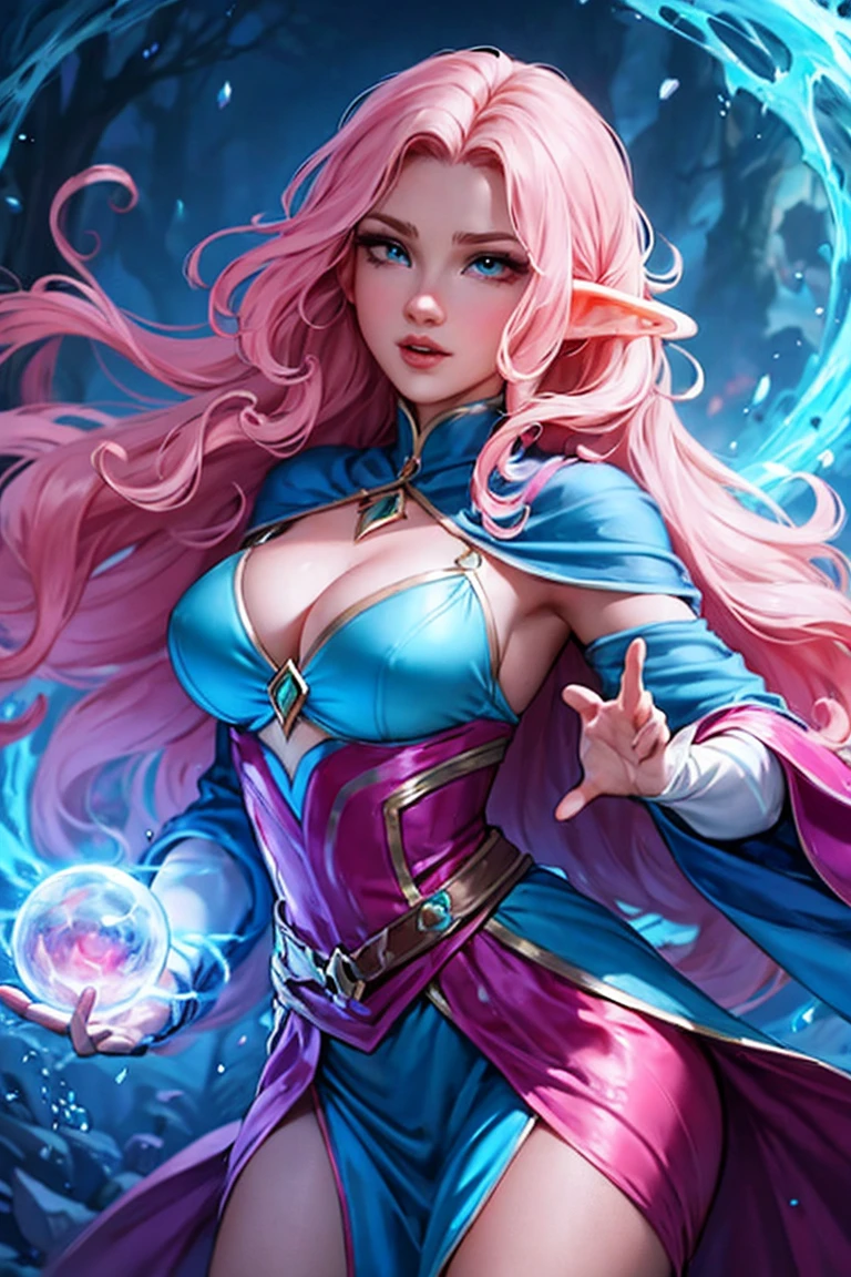 Woman, long wavy hair, pink hair, blue eyes, elf, magic in her hands, sexy, concentrated, bright eyes ,Two hands holding magic,Powerful woman, floating,