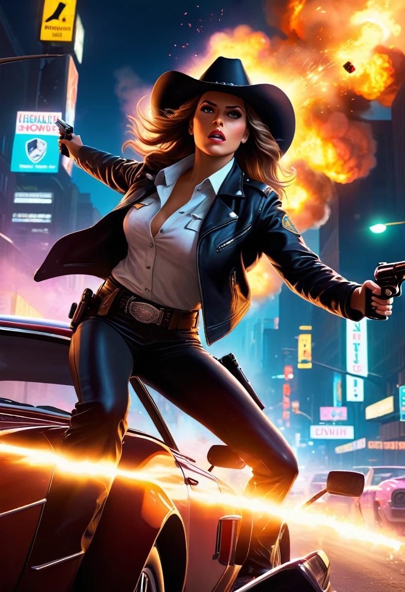 A cowgirl escapes an explosion in her car,Burning car,There are gunshots everywhere,Bright city lights at night,Reflection of neon lights on car windshield,traffic chaos, hurry, Intense chase scene, movie action, Night streets, high speed pursuit, on the verge of danger, the last Stand, epic showdown, Dramatic, Thrilling ending, Stunning visuals, Immersive atmosphere, Detailed car model, Realistic game engine, Resilient environment, Dynamic camera angles, Dynamic lighting effects, Realistic gunshots, dramatic music, Strong emotions.