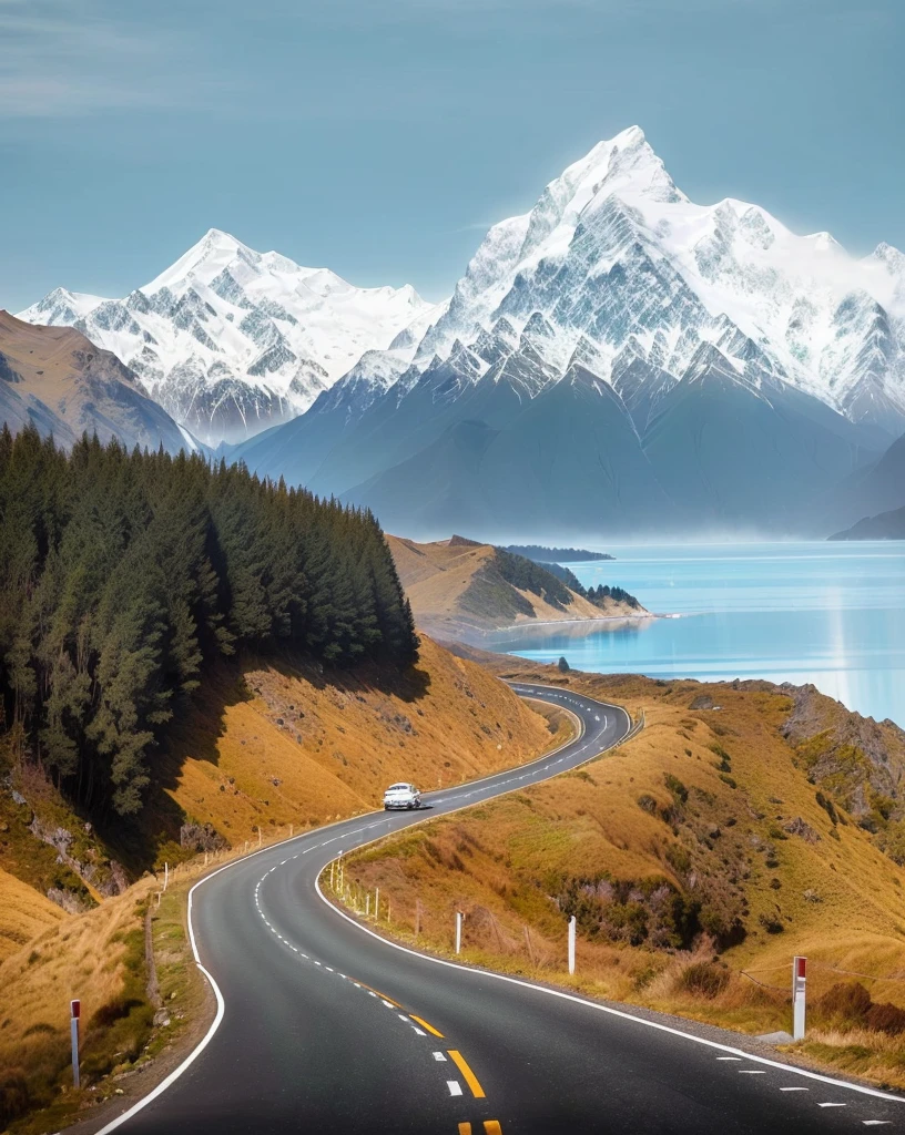 There was a car driving on the road in front of the mountain, New Zealand landscape, New Zealand, golden bay New Zealand, Iceberg in the background, 背景是雄伟的Mountains, New Zealand, Mountains和湖泊, shutter, 穿越Mountains, Mountains和海洋, Best selection on Adobe Stock, Snow-capped peaks, Epic shock, Mountains