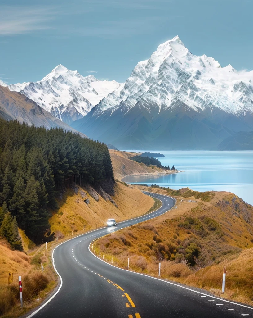There was a car driving on the road in front of the mountain, New Zealand landscape, New Zealand, golden bay New Zealand, Iceberg in the background, 背景是雄伟的Mountains, New Zealand, Mountains和湖泊, shutter, 穿越Mountains, Mountains和海洋, Best selection on Adobe Stock, Snow-capped peaks, Epic shock, Mountains
