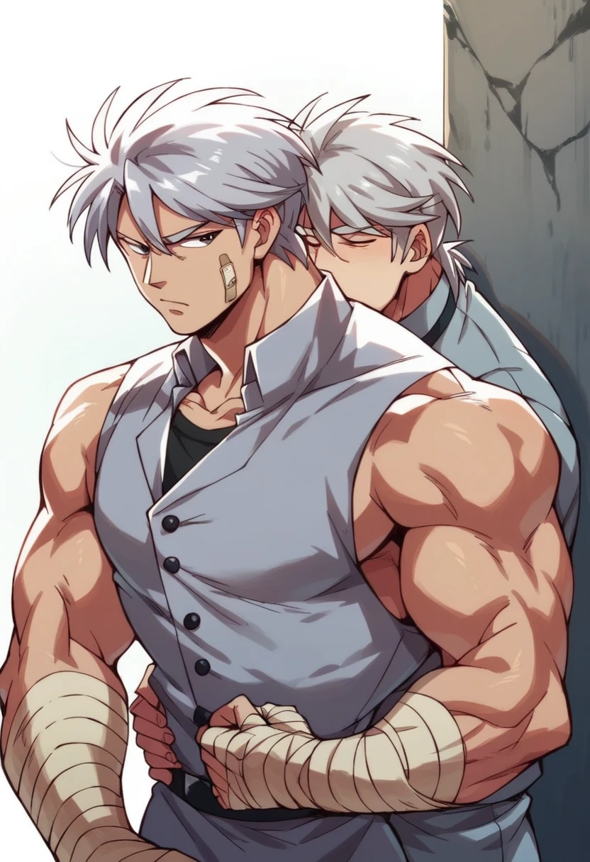 Anime boy albino muscle long hair with a dragon background --auto