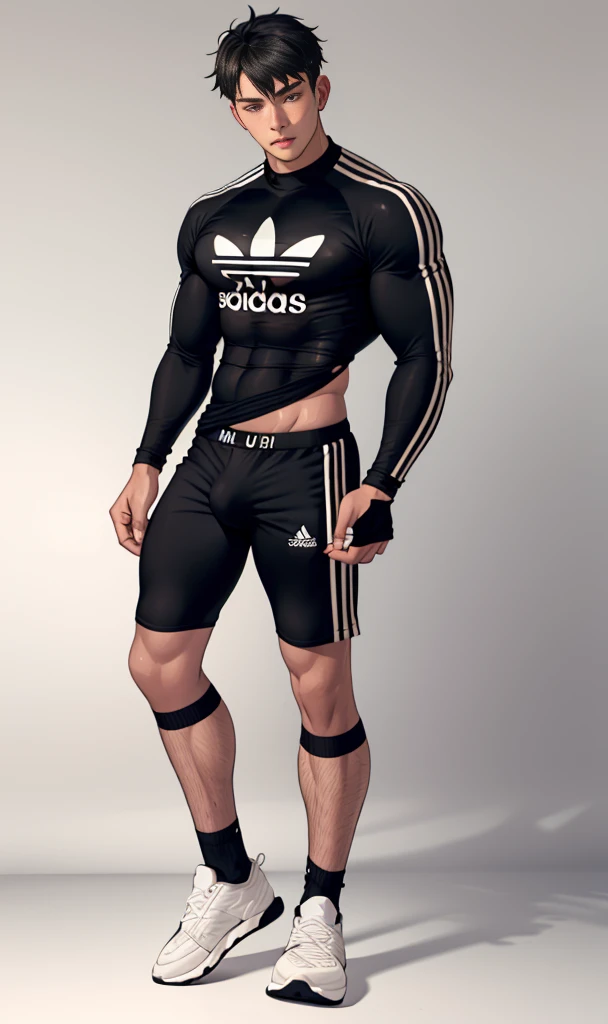 toned young man, full body, short black hair, adidas shirt, tight fitting shorts, bulge, chavalpha