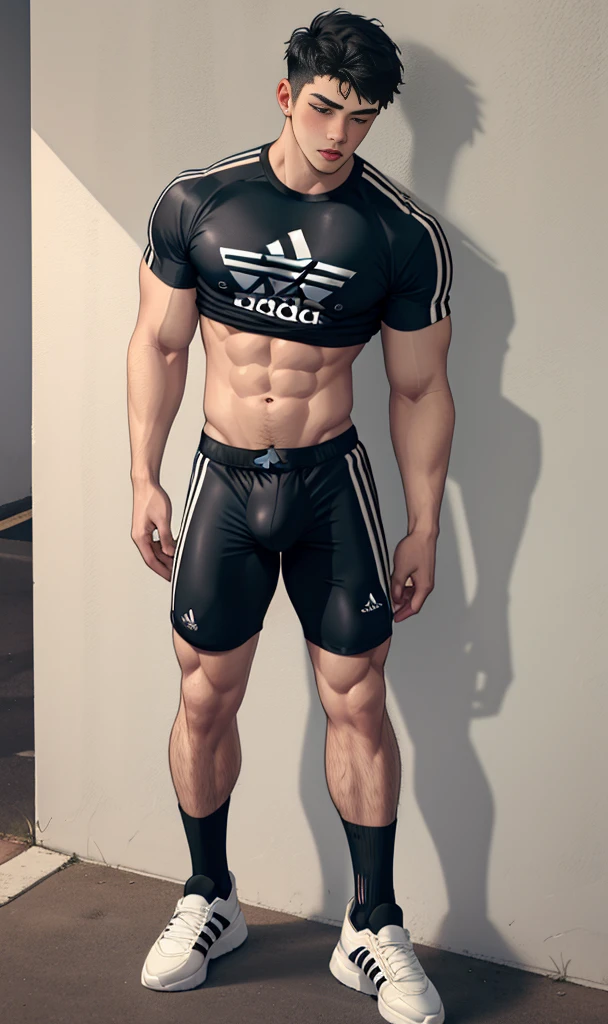 toned young man, full body, short black hair, adidas shirt, tight fitting shorts, bulge, chavalpha