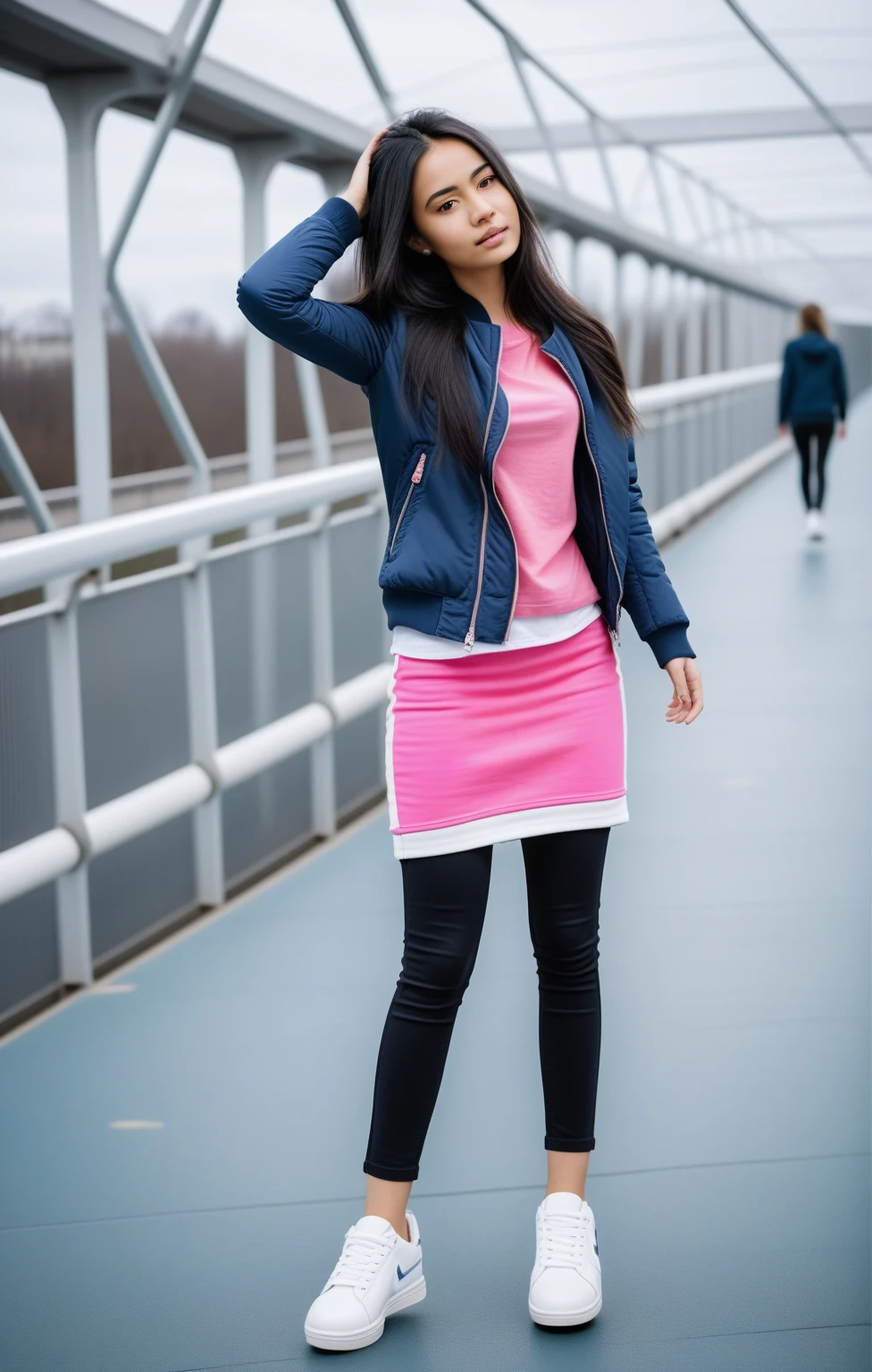 photorealistic of pretty young woman standing on modern footbridge, she wearing navy-blue jacket (+outer), pink t-shirt, white pencil skirt, and white sneakers, black long hair woman, forehead, (1girl, solo,full body), (masterpiece, best quality)