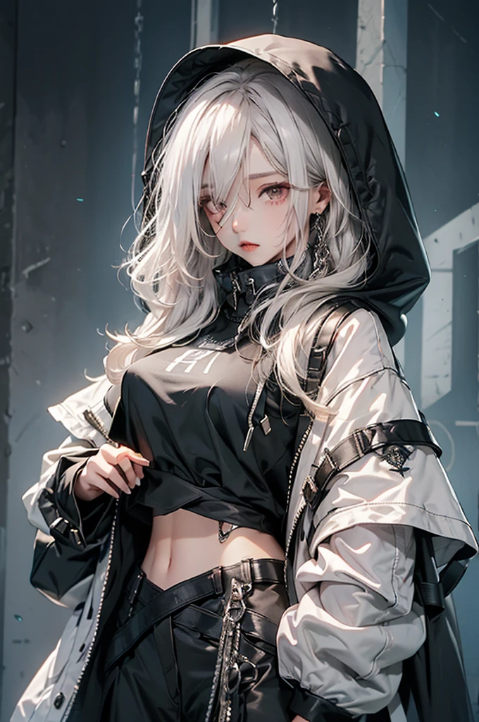 1mysterious girl, Wearing a hood、Wearing a black mask that covers your mount, wearing the clothes of a Dark priestest, Her long white hair is loose、Her body was bound by divine chains.