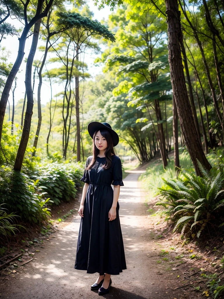 Neat and tidy lady, 25 years old, great style, long hair, dress, big hat, forest
,