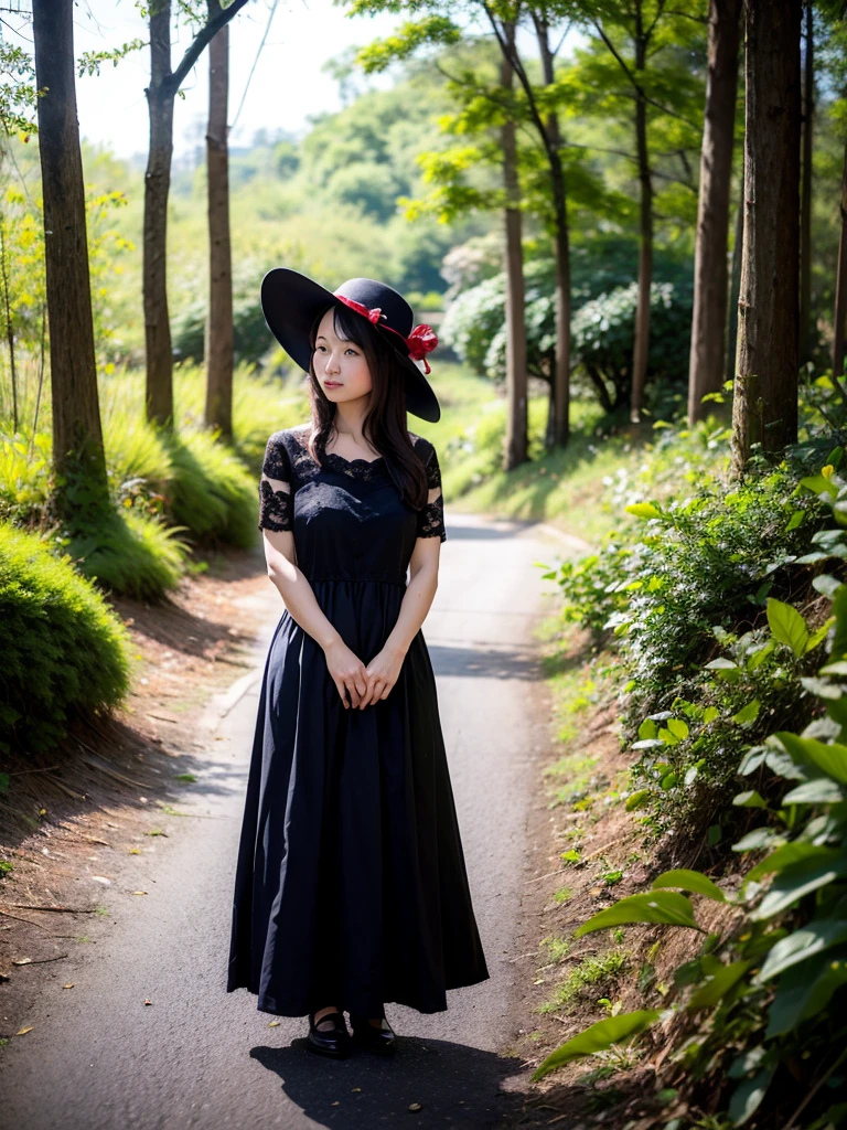 Neat and tidy lady, 25 years old, great style, long hair, dress, big hat, forest
,