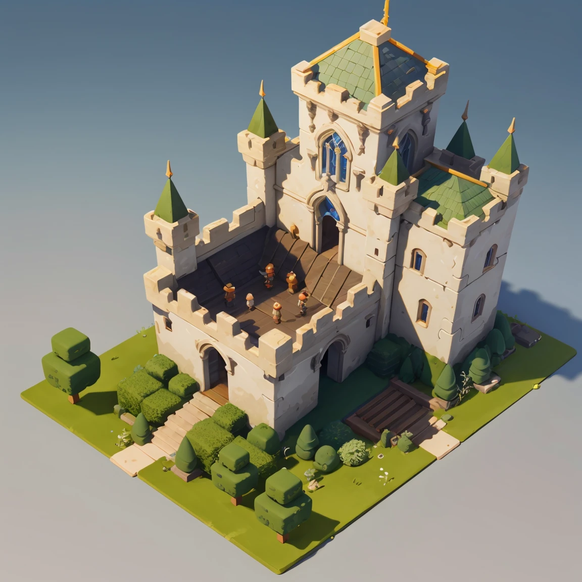 岛的 3d Isometric视图,Isometric，45-degree top-down，realism,Medieval Magic Castle，casual game style, 3d, Blender，close up，masterpiece，Super Detail，best quality