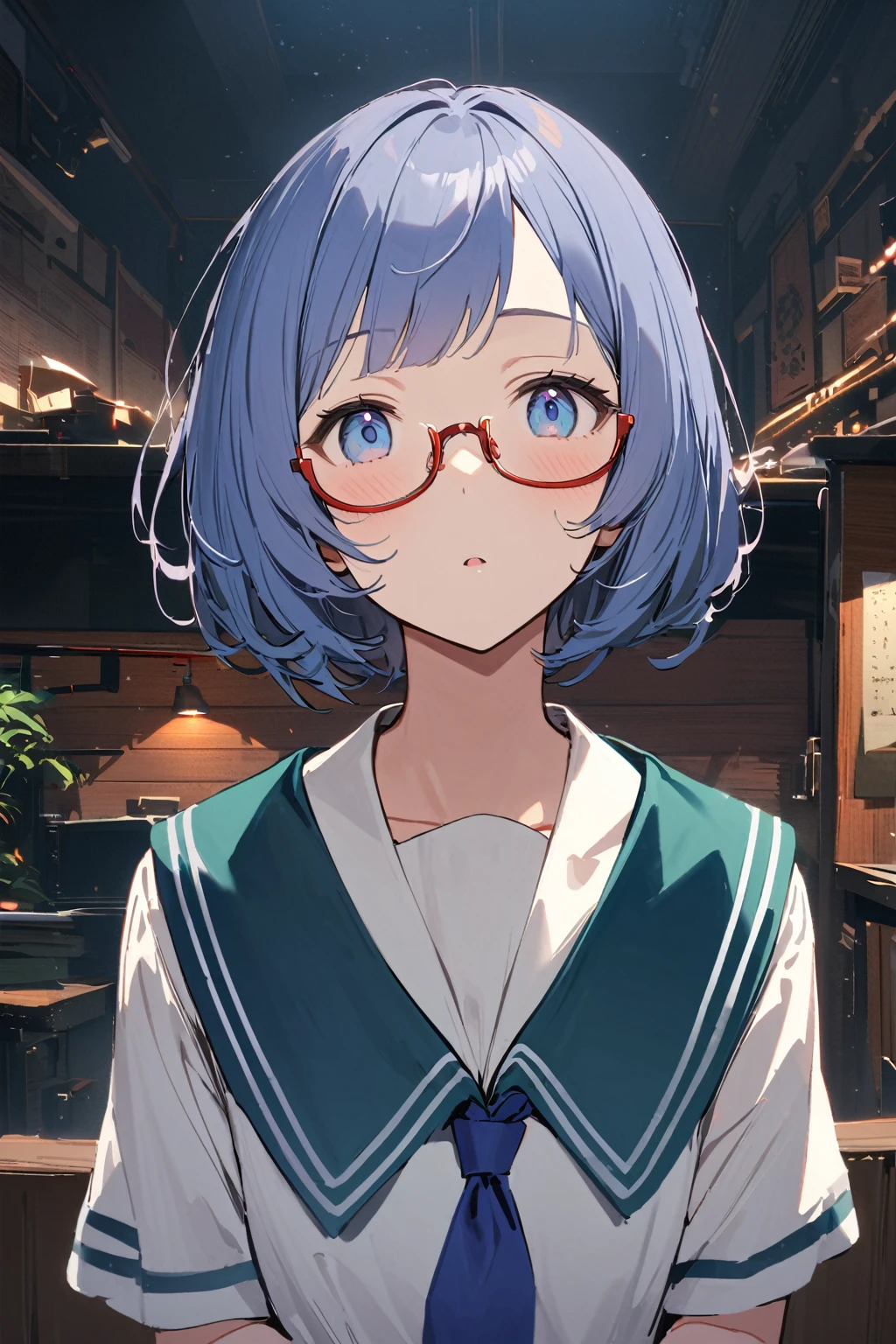 (extremely detailed fine touch:1.3), (((semi-rimless eyewear:1.3))), (headphone:1.2), short hair, blunt bangs, 1 girl in TV, all fours, sailor suit, dark blue collar, white shirts, short sleeve, red ribbon, indoor, darkness,