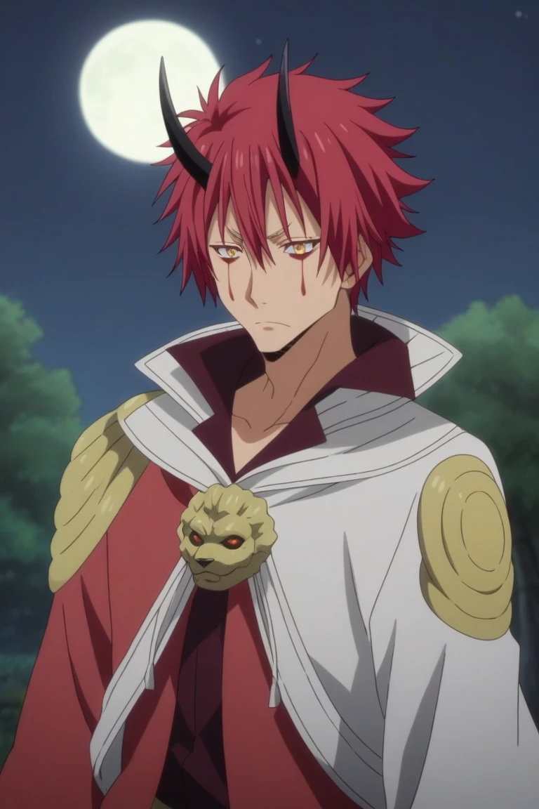 score_9, score_8_up, score_7_up, source_anime, rating_safe, intricate details, anime screencap, , official style, , depth of field, 1boy, solo, male focus, benimaru_tensura, red hair, yellow eyes, hair between eyes, horns, oni horns, facial mark, straight-on, full body, energy plant, night, full moon, holding object, nervous, ,