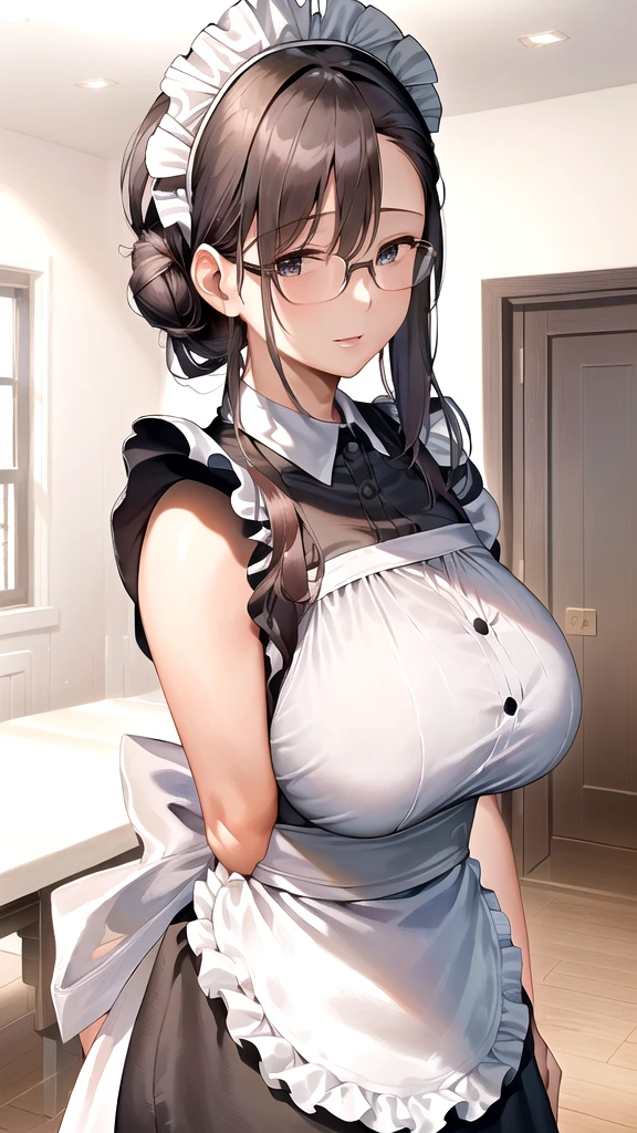 {{masterpiece}},high quality, 4K, 2D,1 girl,{simple gray background},(45 year old woman,mature female:1.7),standing,(sagging breasts:0.4),(gigantic breasts:1.4),(maid:1.7), black hair,(chignon:1.2),1 braid,impossible clothes, (from right in front of face and body:1.5),{front facing shot},Wear glasses,inside the room