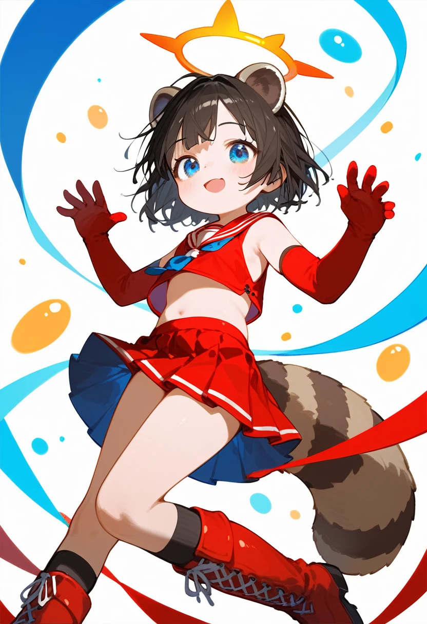 little_girl,little_body,loli_tsubaki, blue eyes, black hair, short hair, raccoon ears, halo, red serafuku, crop top, sleeveless, sideboob, midriff, red skirt, pleated skirt, geta boots, red gloves, elbow gloves, cute, sitting