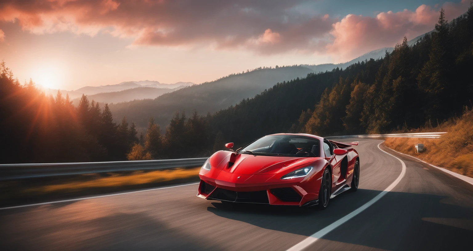 Sports car photos，A red sports car is on the right side of the screen，amazing，Drive on the highway，Showing speed and passion，Red photos，detail强化，blur background/Bokeh，Bright with natural light，Ray Tracing，Sunset sky，forest，Hill in the distance，Highly detailed environments，Low depth of field，HD，detail，8k，lens flare，Sunlight,
