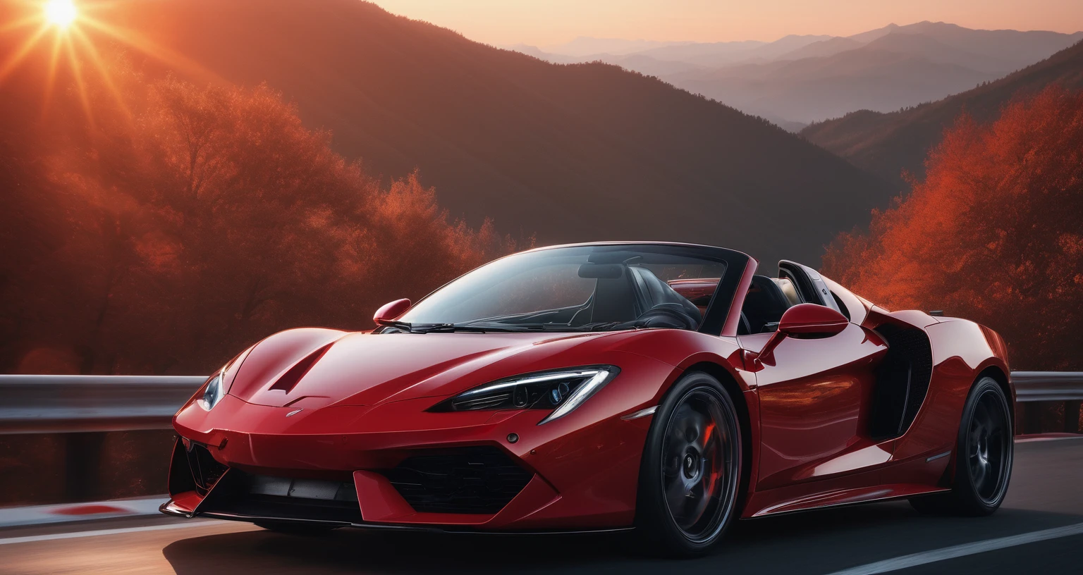 Sports car photos，A red sports car is on the right side of the screen，amazing，Drive on the highway，Showing speed and passion，Red photos，detail强化，blur background/Bokeh，Bright with natural light，Ray Tracing，Sunset sky，forest，Hill in the distance，Highly detailed environments，Low depth of field，HD，detail，8k，lens flare，Sunlight,