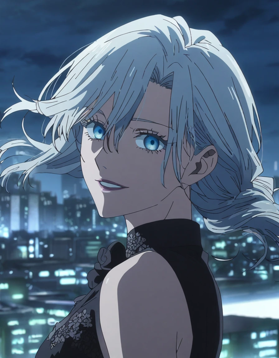 1girl, female gojo satoru, anime screencap from jujutsu kaisen, gojo satoru female version, solo, long_Silver hair, hair strands, black round sunglasses, Blue Eyes, parted_lips, smiling, looking_at_viewer, perfect background, outdoors, side view, eyelashes, (elegant prom night outfit), hair_between_eyes, floating hair, ((hair slicked from one side)), City in background,night