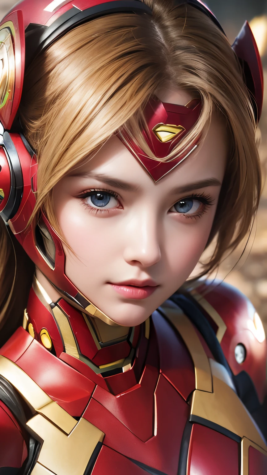 A close-up head and chest portrait of a pretty and cute girl, topless, vulgar tight tits, ripe tits, wearing Ironman costume and mask, cute appearance. The highly detailed digital rendering captures every aspect of her beauty, from her delicate features to the intricate.