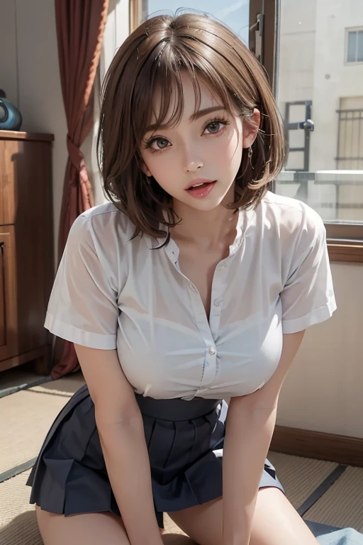 ((2 Japan schoolgirl)), ((2 Cute Girls)), 18 years old, (White shirt), (pleated skirt), miniskirt, perfection female form, perfection face, Glossy pink lips, Expressive eyes, eye shadow, eyeliner, Huge natural breasts, (Narrow waist), light brown hair, short hair, (floating hair), expressive hair, (over-rim glasses), long eyelashes, (doubleblowjob), (licking with the tongue), cowboy shot), ((nsfw)), Private room, Sitting on the floor, Leaning forward, UHD, masterpiece, accurate, anatomically correct, textured skin, super detail, high details, high quality, best quality