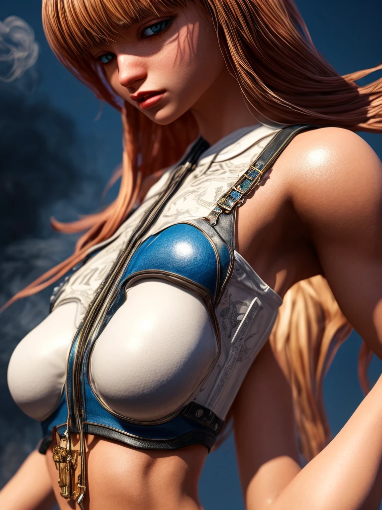 portrait of a steampunk girl at a party, (white crop top:1.2), small breast, black and blue leather, tattoo, hyper detailed, ultra sharp, long auburn hair in braids, 8k, (insanely detailed:1.5), half bust photograph, 20 megapixel, canon eos r3, detailed skin, pale skin. [The character is surrounded by mist, evoking a mysterious and eerie atmosphere. The lighting is dark and atmospheric, with smoke adding a touch of sinister ambiance. Best quality image, HDR enhancement, showcasing the utmost level of detail and realism, full body shot:1.5]. [8K, Best Quality, Ultra High Resolution, (highly detailed CG unity 8k wallpaper), (best photo), (best shadows), isometric 3D, octane rendering, ray tracing, highly detailed, (Best quality, 4K, 8k:1.2), absurdity, ultra detailed, (realistic, photorealistic, photorealistic:1.37), complex parts, HDR, (complex parts:1.12), (hyper detailed, hyper realistic, Soft lighting, spicy:1.2), (complex parts, Hyper detailed:1.15). Blurred foreground. (backlit), masterpiece, high quality, brightness, chromatic aberration, foggy smoke, shadows, contrast, clear sky, (warm hue, warm tone), high details, natural reflections]. (YES SFW)