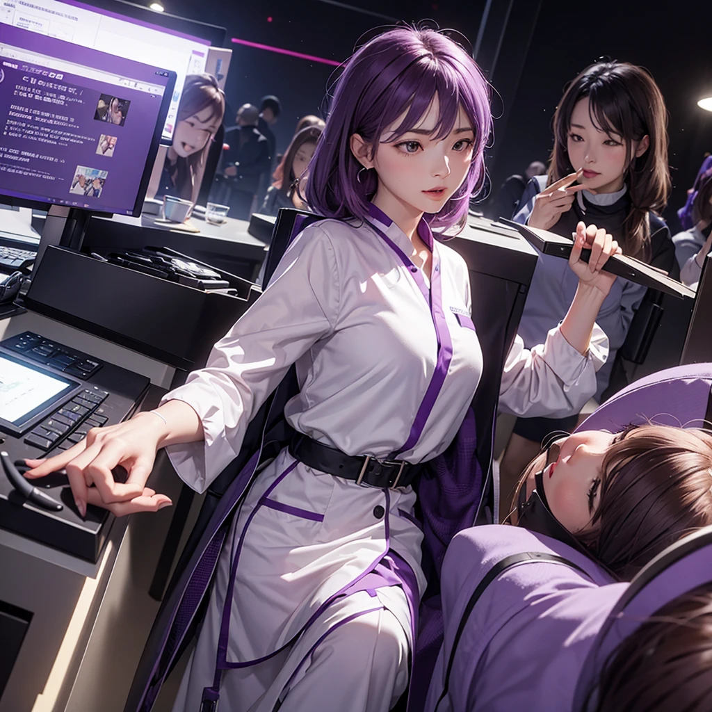 Imagine the MBTI Commander、Create a single woman in purple who works hard.。