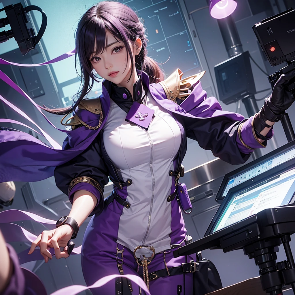 Imagine the MBTI Commander、Create a single woman in purple who works hard.。