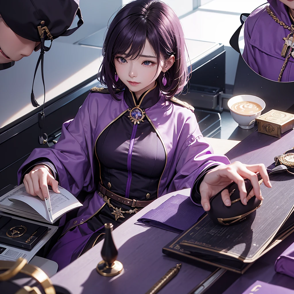 Imagine the MBTI Commander、Create a single woman in purple who works hard.。