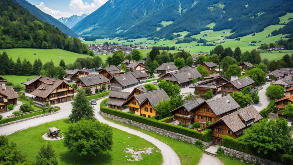 Beautiful scene of ancient Swiss village. Aerial view, Photorealistic photos, High definition.