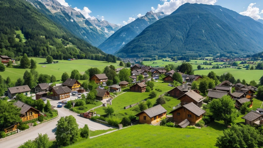 Beautiful scene of ancient Swiss village. Aerial view, Photorealistic photos, High definition.