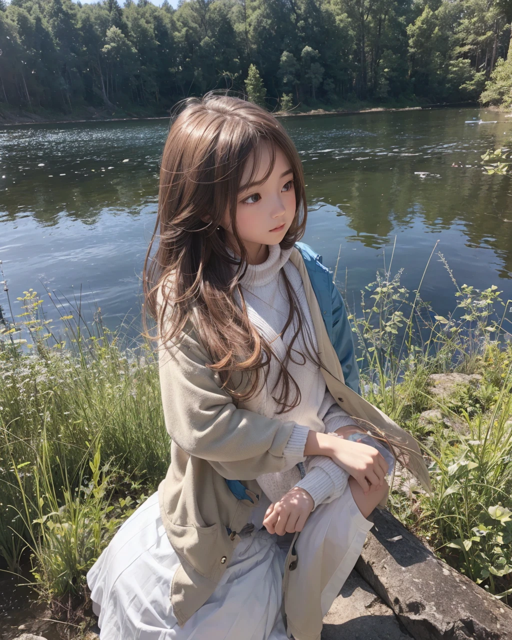 a girl with long brown hair and blue clothes, a white jacket and a white skirt sits by the water