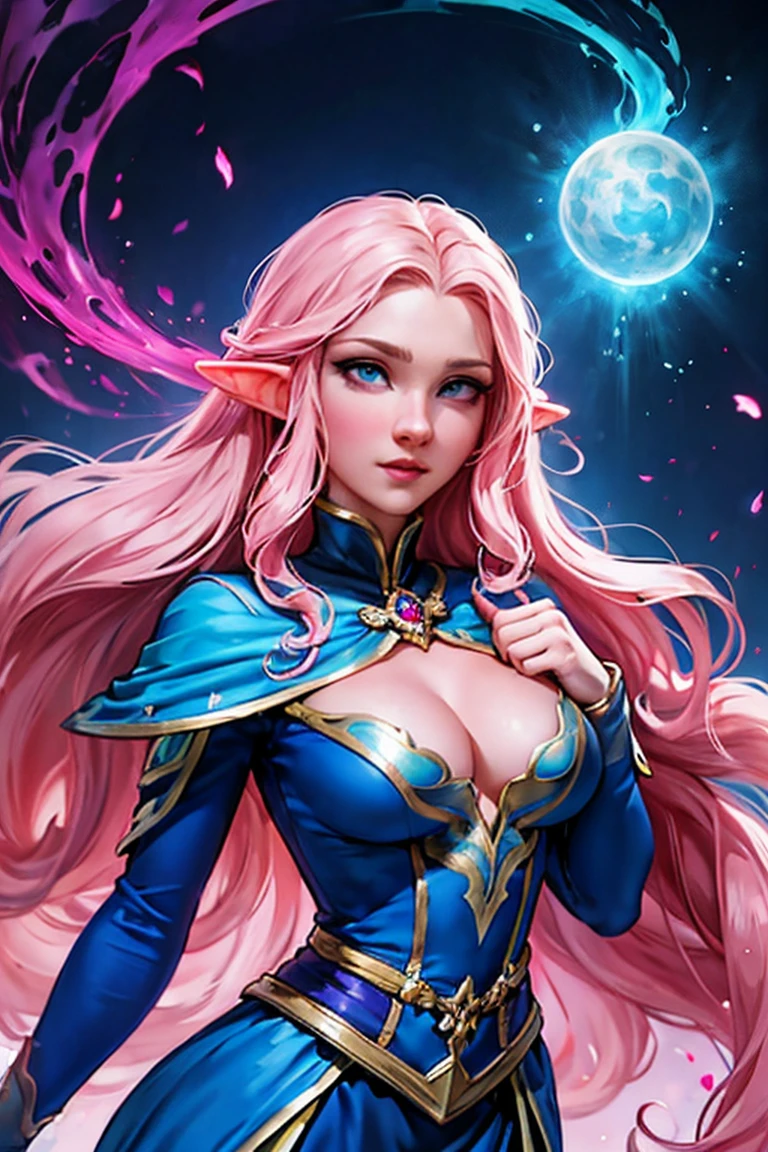 Woman, long wavy hair, pink hair, blue eyes, elf, magic in her hands, sexy, concentrated, bright eyes ,Two hands holding magic,Powerful woman, floating,