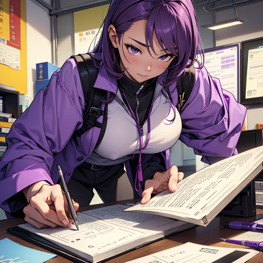 Imagine the MBTI Commander、Create a single woman in purple who works hard.。