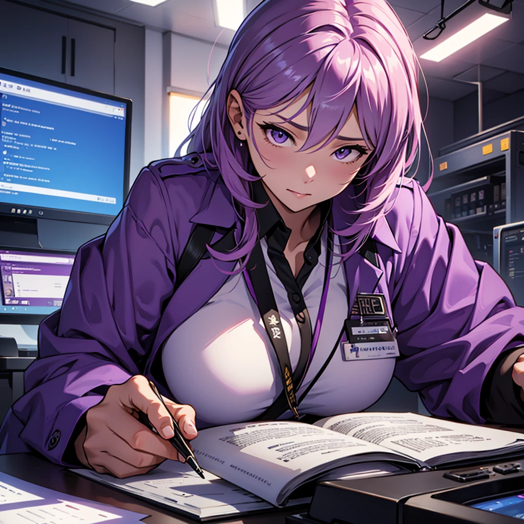 Imagine the MBTI Commander、Create a single woman in purple who works hard.。