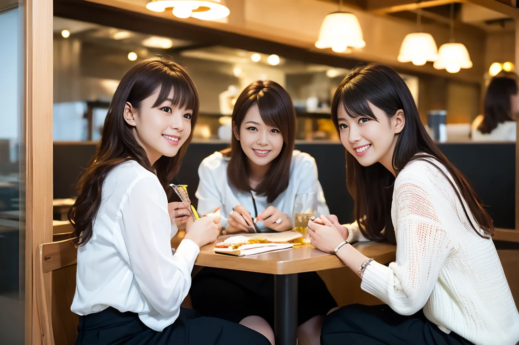 (Highest quality, masterpiece, Realistic, Very detailed, Ultra-high resolution, to be born:1.3), (Three Girls:1.5), beautiful, Japanese, Age 27, restaurant, (Close Bonds, 、I can see your underwear、、Random Color), (smile), (bangs), high waist, necklace, (office, indoor, Glass Room), (Center of chest:1.3), (crowd)、(Sitting cross-legged:1.1)、