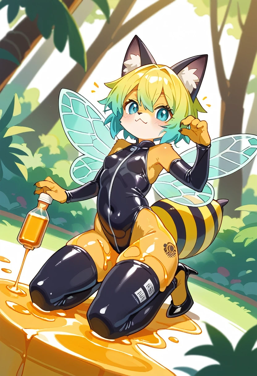 Highest quality, Highest quality, High quality illustrations, masterpiece, Ultra-high resolution, Detailed Background, honeycomb, in the forest, Absurd, Perfect Anatomy, performance, Good lighting, Shadows in the movies(kemono, Furry PersonifiCation), Cat, bee, Honey Skin, Honey Latex, Honey Rubber Suit, Honey Latexスーツ, Honey Lotion, beeスーツ, beeのコスチューム, beeのコスプレ, ゴム製のbeeのしっぽ, beeの羽, Bee wings, Honey Pool, Honey Lotionを浴びている, Covered entirely in honey slime, Kneeling, Tattoo, cyber punk, High heels, cyber punk, Rubber Mask, Dynamic Angle