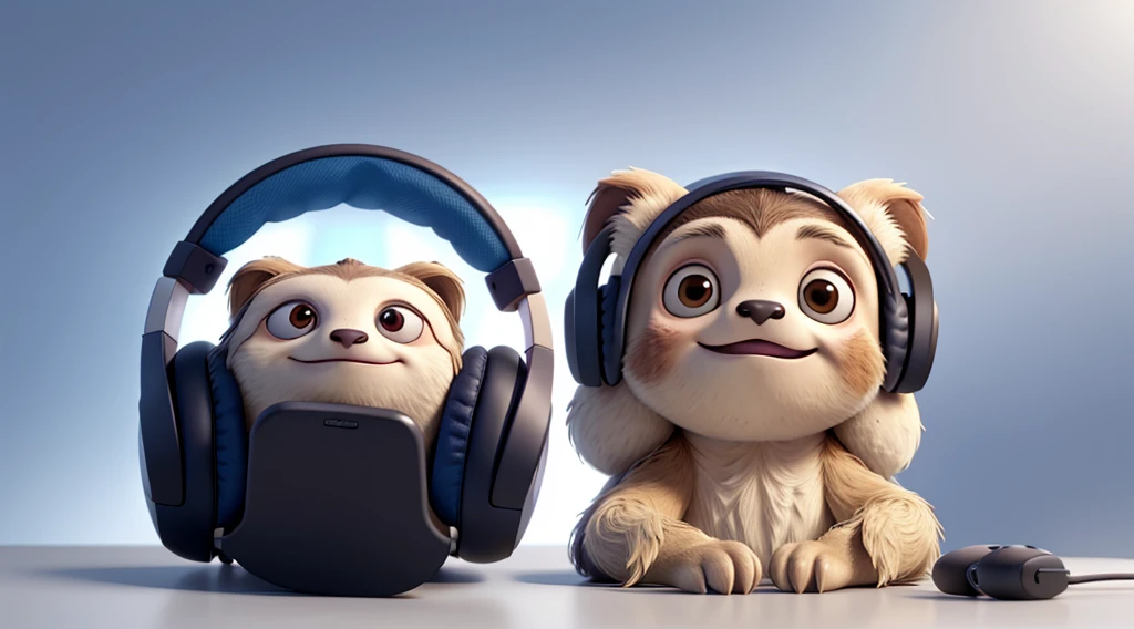 Sloth wearing a wireless full-face headset,if only「front」Head close-up and in the middle of the screen , No text, There is no equipment in the picture,No other headphones, Solid background(White without gradient)