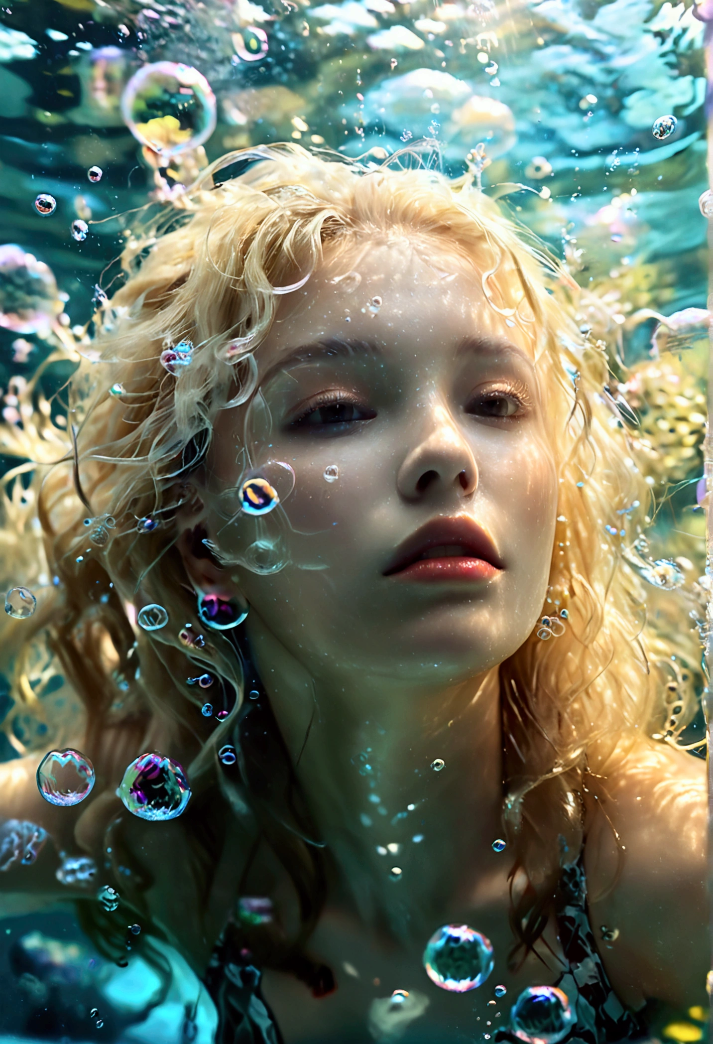 surreal details, Beautiful underwater made of light, (Beautiful blonde woman made of light looking into underwater camera lens_hair floating on water, Amazing atmosphere surrounded by many bubbles in the water), (Realistic facial details, Floating along the hair flowing in the water), marine life shining underwater, high resolution, Close details, 8k,