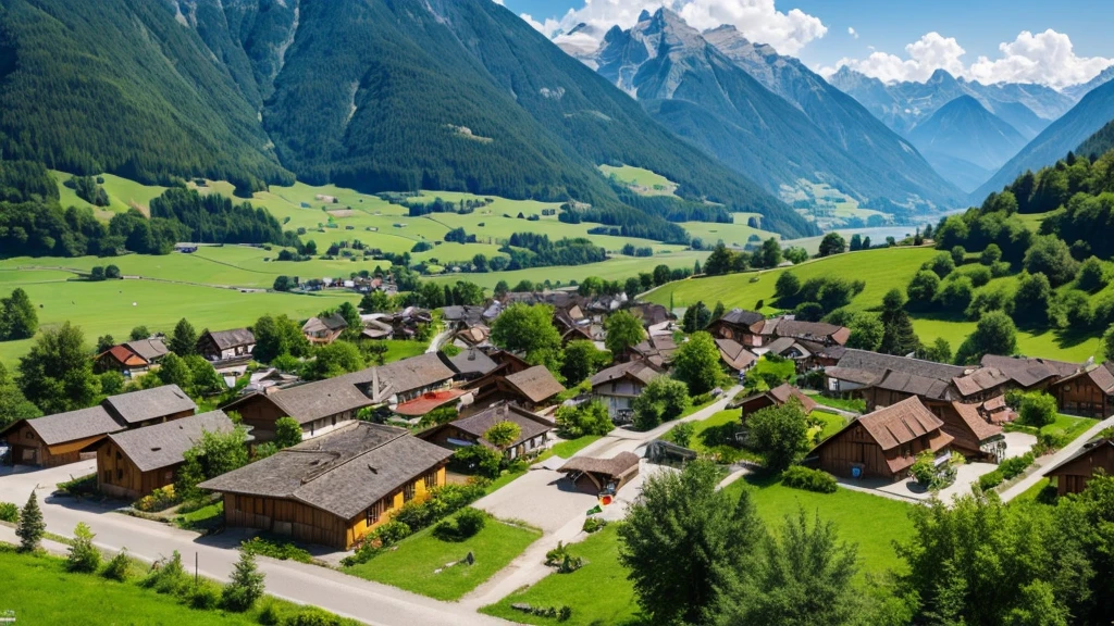 Beautiful scene of ancient Swiss village. Aerial view, Photorealistic photos, High definition.