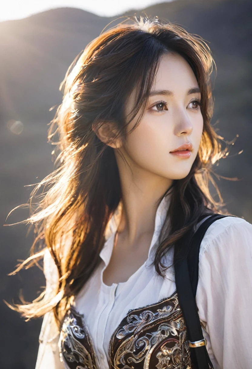 Western Cowgirl,Sunlight,Close your eyes,Head up,Tilt your face,(Close your eyes微笑),Side profile,Backlight