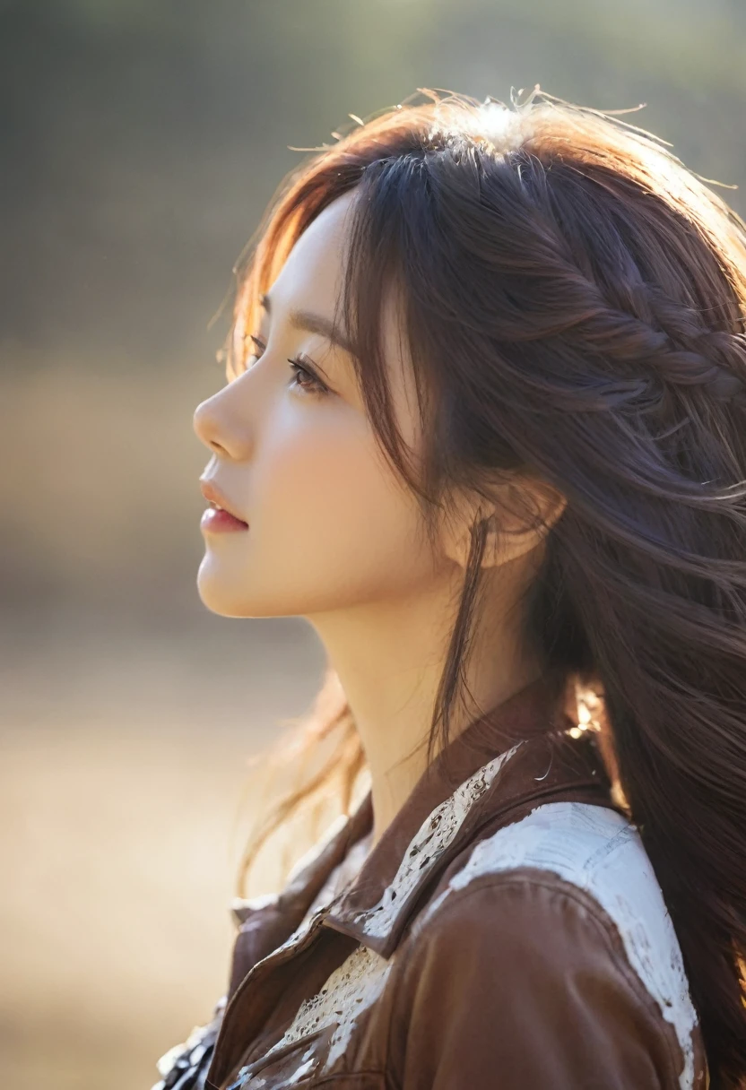 Western Cowgirl,Sunlight,Close your eyes,Head up,Tilt your face,(Close your eyes微笑),Side profile,Backlight