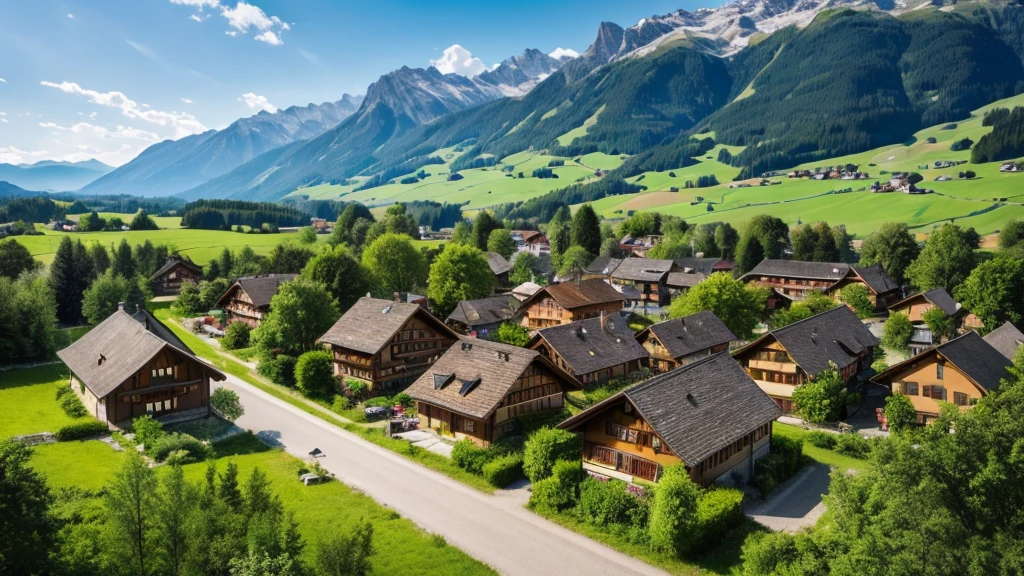 Beautiful scene of ancient Swiss village. Aerial view, Photorealistic photos, High definition.