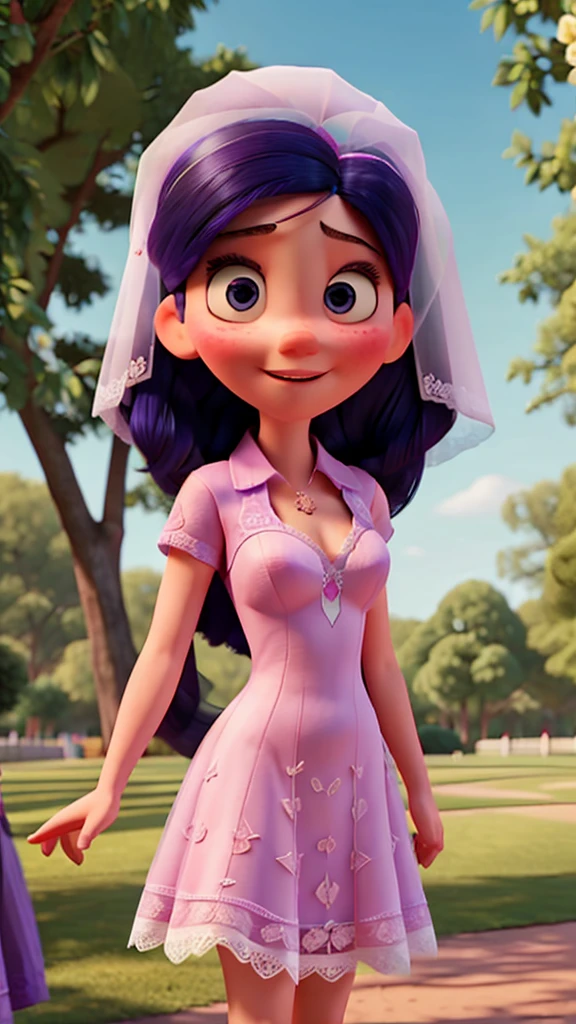 Violeta Parr with normal size breasts wearing micro bra and wedding dress with huge lace neckline with veil and bouquet in the park