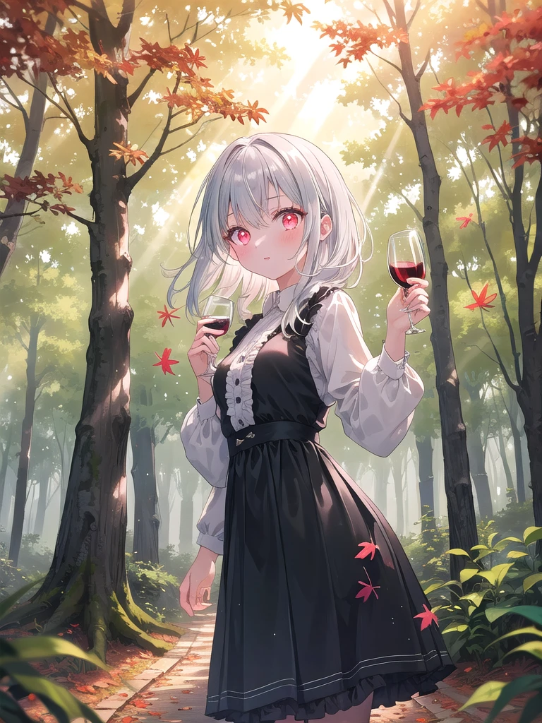 ((8k, best quality, master piece: 1.3)),super high resolution,(1 girl, solo), (colorshift eyes, hyperdetailed, expressive sparkling, glitter, glowing eyes), ultra detailed eyes, ultra-detailed face, random hair, ((pastel color)), An 18-year-old girl with silver hair and wine-red eyes, wearing a classical black frilled dress, confidently standing in a vibrant autumn forest with falling leaves, depicted in the highest quality and detail.A serene scene with sunbeams filtering through a canopy of trees. The light creates beautiful rays that pierce through the leaves, casting dappled shadows on the ground. The atmosphere is calm and tranquil, with the sunlight adding warmth and a sense of peace to the image.