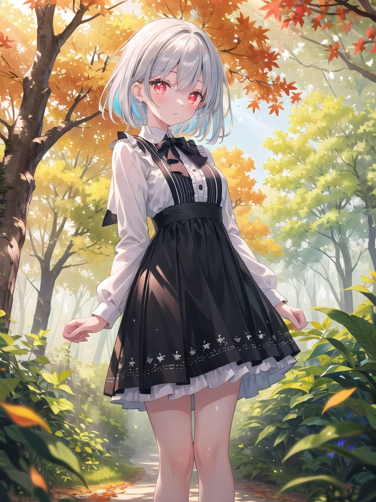 ((8k, best quality, master piece: 1.3)),super high resolution,(1 girl, solo), (colorshift eyes, hyperdetailed, expressive sparkling, glitter, glowing eyes), ultra detailed eyes, ultra-detailed face, random hair, ((pastel color)), An 18-year-old girl with silver hair and wine-red eyes, wearing a classical black frilled dress, confidently standing in a vibrant autumn forest with falling leaves, depicted in the highest quality and detail.A serene scene with sunbeams filtering through a canopy of trees. The light creates beautiful rays that pierce through the leaves, casting dappled shadows on the ground. The atmosphere is calm and tranquil, with the sunlight adding warmth and a sense of peace to the image.
