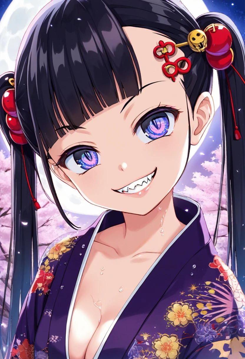 prompt（Re-adjusted version）
beautiful, masterpiece, Highest quality, HiqCG Body, anime, (1 Girl:1.5), Portrait Shot, View your viewers, Wet Skin, Intricate details, Little Woman, Her eyes were shining like dreamy stars.,(Shining Eyes:1.3),(Beautifully detailed eyes:1.1)、[[Delicate fingers and hands:0.55]::0.85],(Detailed reference),(Thick black hair, Eyes are bright purple,(Sharp Eye:1.3), (tsurime:1.5), Twin tails,Straight Hair,(Asymmetrical bangs:1.2),(Blunt Bangs:1.3), (hairpin:1.2), Young face,Childlike,Small devil,Succubus,Vampire,Double teeth,Small corner),(kimono),Dynamic Pose,(yandere:1.1),(yandere smile:1.3),(smirk:1.3) ,Cleavage,High angle shot、(night:1.4)、(full moon:1.1),Focus on the chest,(Shake your head:1.2), Thick black hair, kimono, firework
