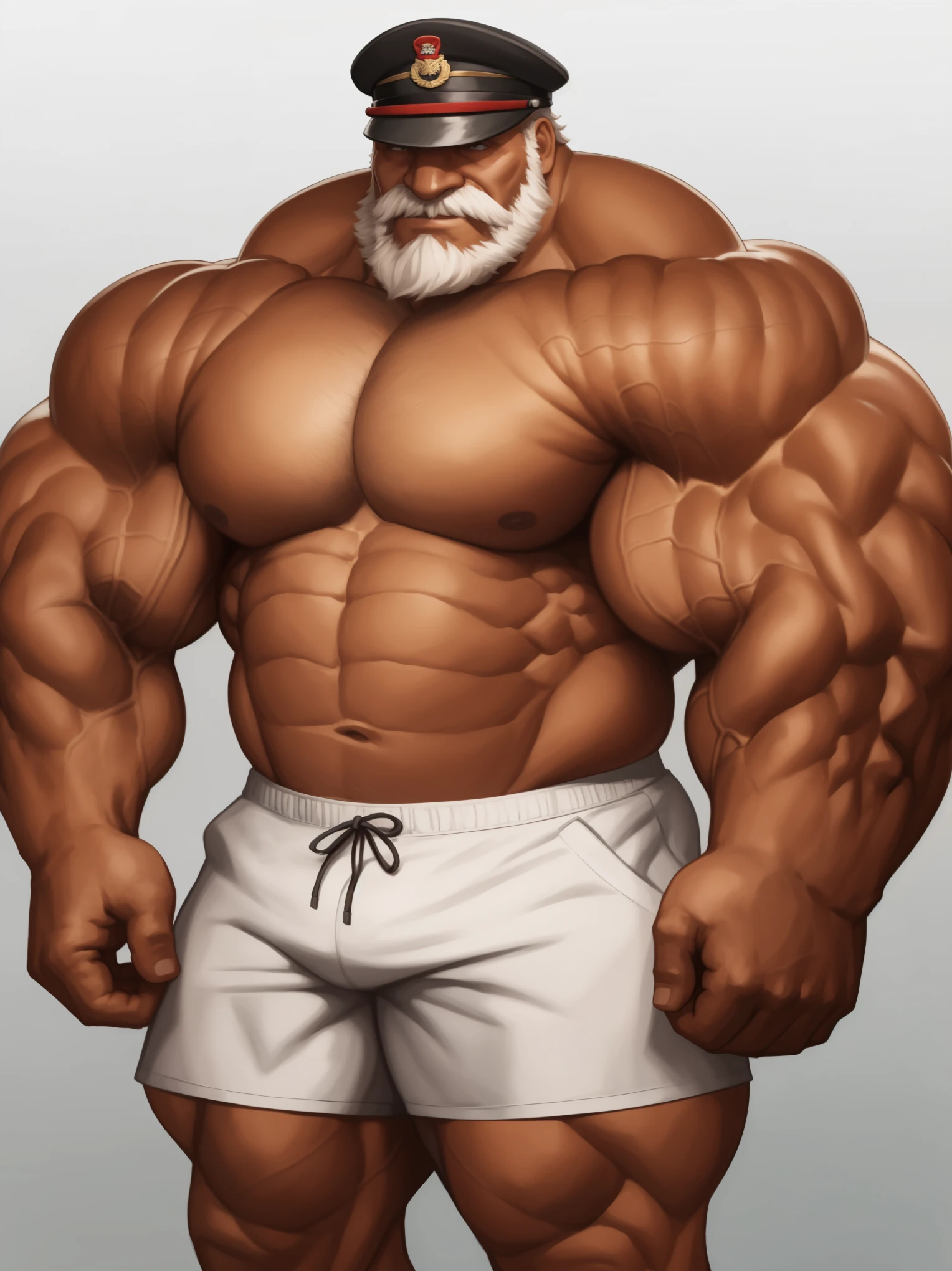 solo, 1boy, perfect anatomy, perfect proportion. Huge Muscular Old man wearing soldier hat ,(white shorts), view from side, pectoral, thick arms, huge pectoral, wide pectoral, short white hair, red beard and hair, simple background, masterpiece, semirealistic:1.2, high detailed, 8k, high resolution, perfect center, full view. ((really big muscle, massive muscular, sixpack, thick arms, wide pectoral, super huge muscle, hyper muscular, over sized muscle, huge arms, big arms, huge pectoral))