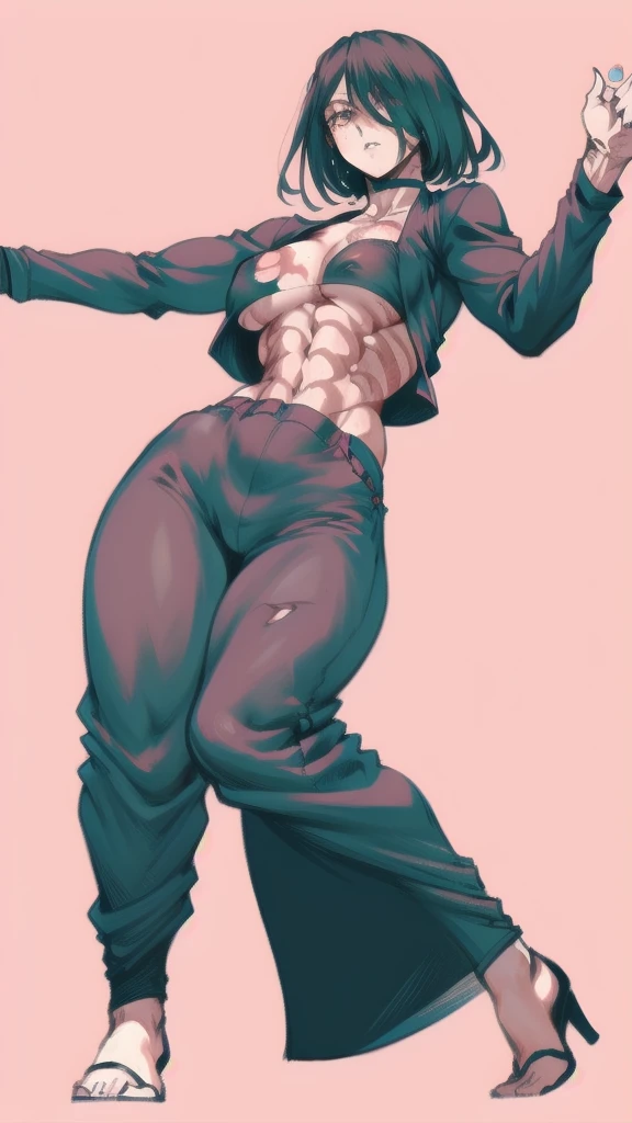 Full body image of Maki Zenin from Jujutsu Kaisen, full body in image, wearing her post-clan outfit (sleeves torn, harem pants), visible scars, short dark hair, female body, athletic and muscular body, dynamic pose, detailed pose, simple background, expressive face showing determination, focus on face, line art, sketch