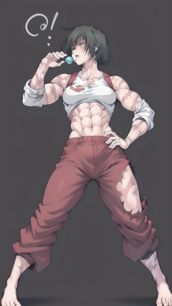 Full body image of Maki Zenin from Jujutsu Kaisen, full body in image, wearing her post-clan outfit (sleeves torn, harem pants), visible scars, short dark hair, female body, athletic and muscular body, dynamic pose, detailed pose, simple background, expressive face showing determination, focus on face, line art, sketch
