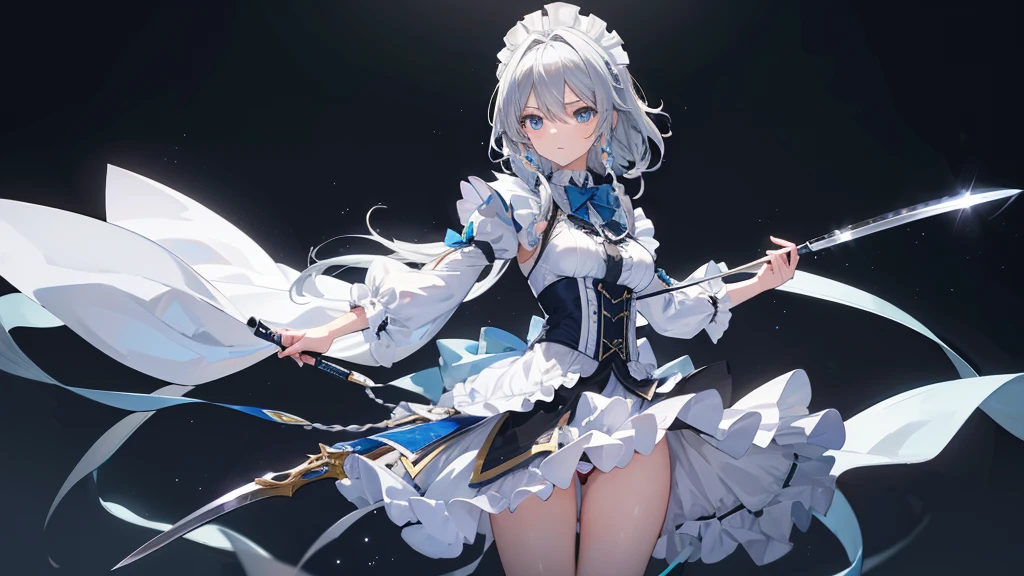 (Highest quality)　(4K)　(8k)　(High resolution)　(masterpiece:1.2)　(Super detailed)　One girl　Sakuya Izayoi　(White Background)　Standing posture　Serious　Hold the knife　Silver braid hair