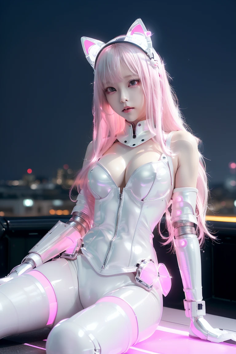 ((rooftop building: 1,3)), ((Japanese, alone, Medium shot, Rooftop walk in Harajuku, ((nighttime)), blur, neon light, Rainbow eyes, starry sky, Japanese ใบหน้าของเด็กสาววัย 18 ปีที่น่ารักมาก, human torso, human abdominal cavity, hiprobot, Human Arm, human leg, The limbs have a hard, shiny white shell and light pink joints., Very beautiful and feminine, long hair pink hair, , small breasts, show of division, Showing a pink shiny rubber armored abdomen., cyber cat ears, pink armor joints, Very stylish., Award-winning product design, White rubber tights, A shiny white metal breastplate opened at the cleavage., bottomโลหะสีขาวมีรอยย่น, And the armor looks stylish., The car's trims glow pink., full body, Fly at a medium speed,((robot)),((looking down)),((bottom corner:1. 3)), from below, looking at camera, hip、bottom、bend, ((A white shiny leather suit covers the entire body.)), ((stand fighting))